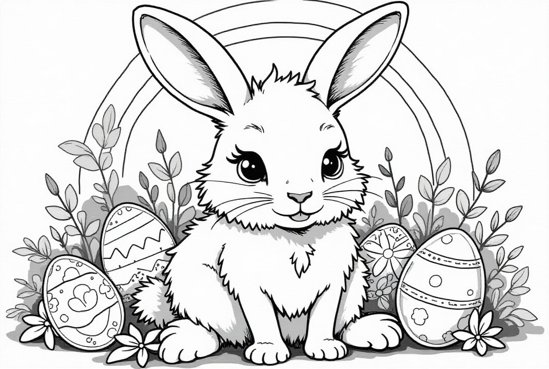 Coloring page easter bunny with easter eggs in the garden
