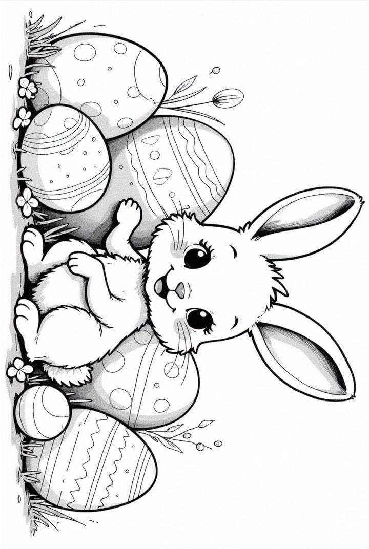 easter bunny with eggs in the garden