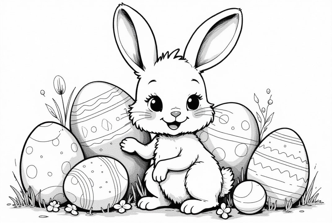 easter bunny with eggs in the garden