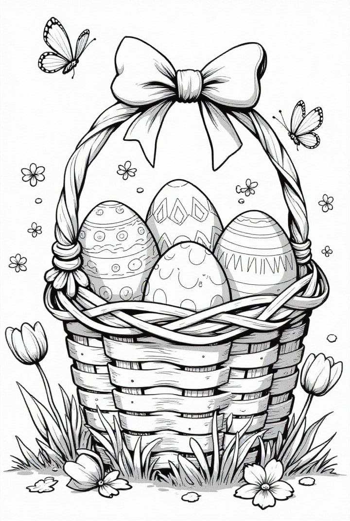 Coloring page easter eggs in the basket