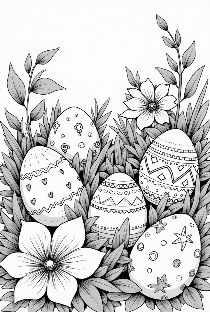 Coloring page easter eggs in the grass