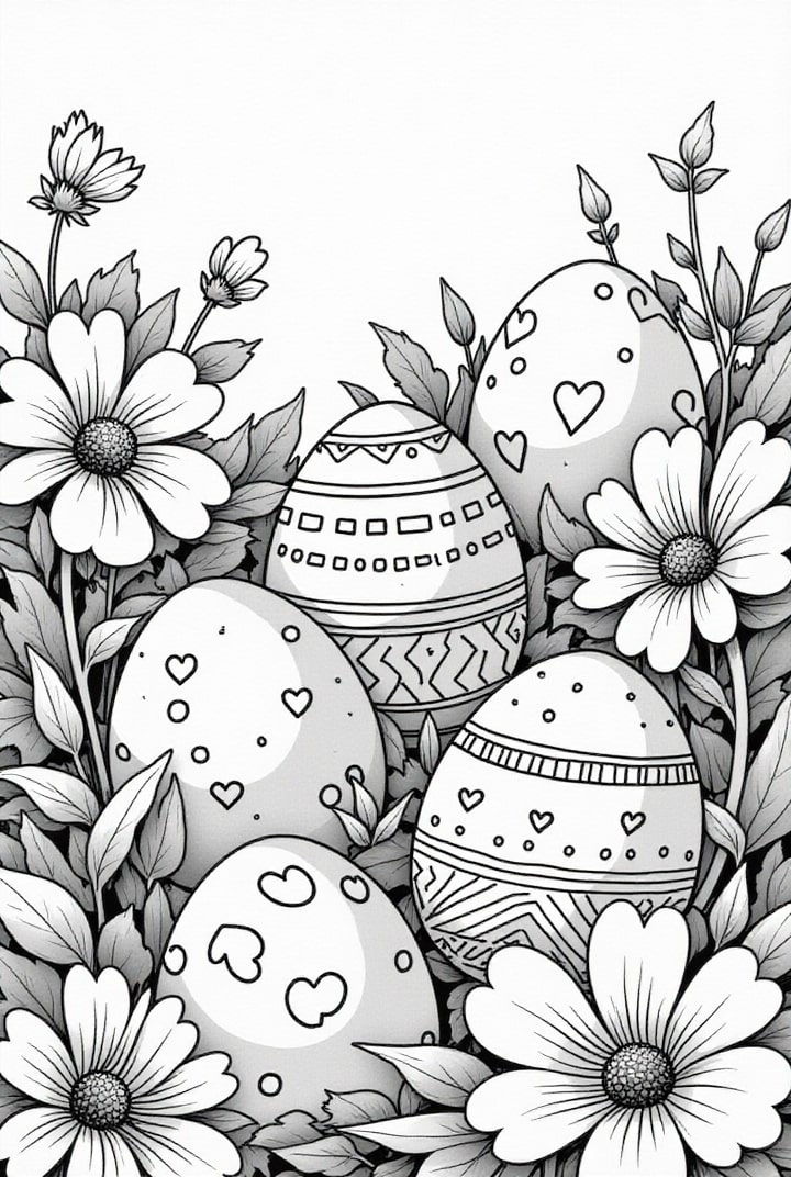 Coloring page easter eggs in the meadow