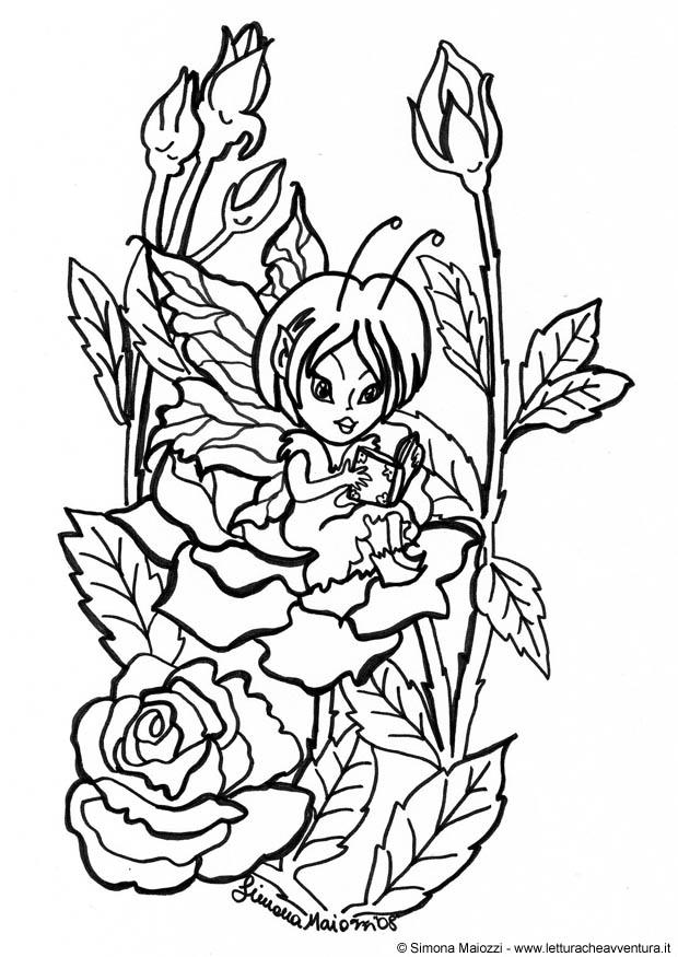 Coloring page fairy in between roses