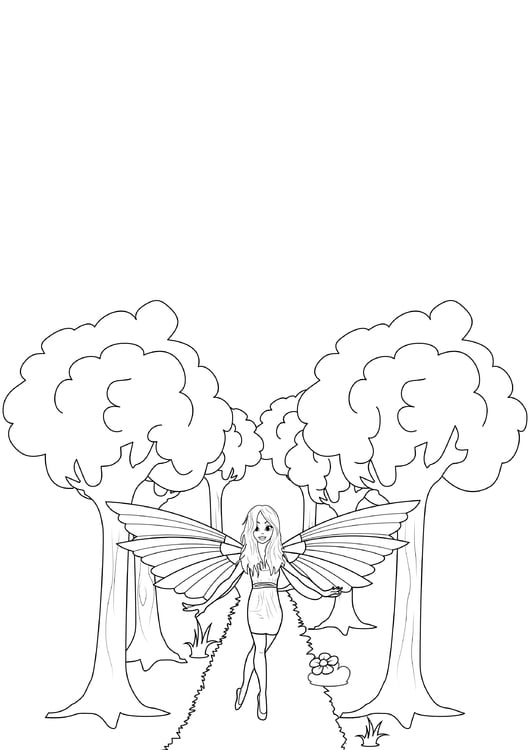 Coloring page fairy in the forest