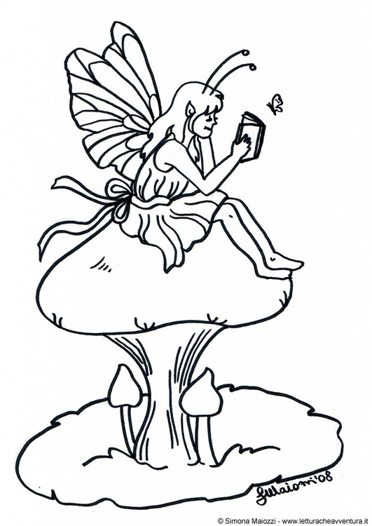 Coloring page fairy on mushroom