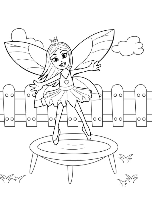 Coloring page fairy on trampoline