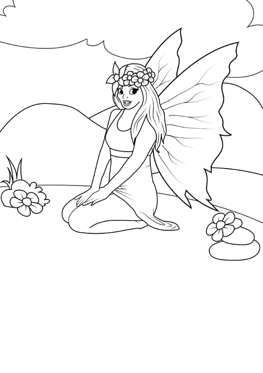 Coloring page fairy sits down