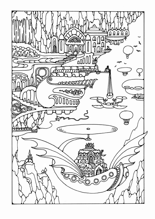 Coloring page fairy tale city with vehicles