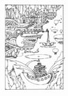 Coloring page fairy tale city with vehicles