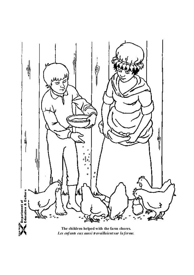 Coloring page feeding the animals