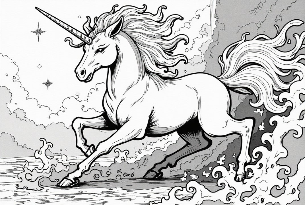Coloring page fighting unicorn