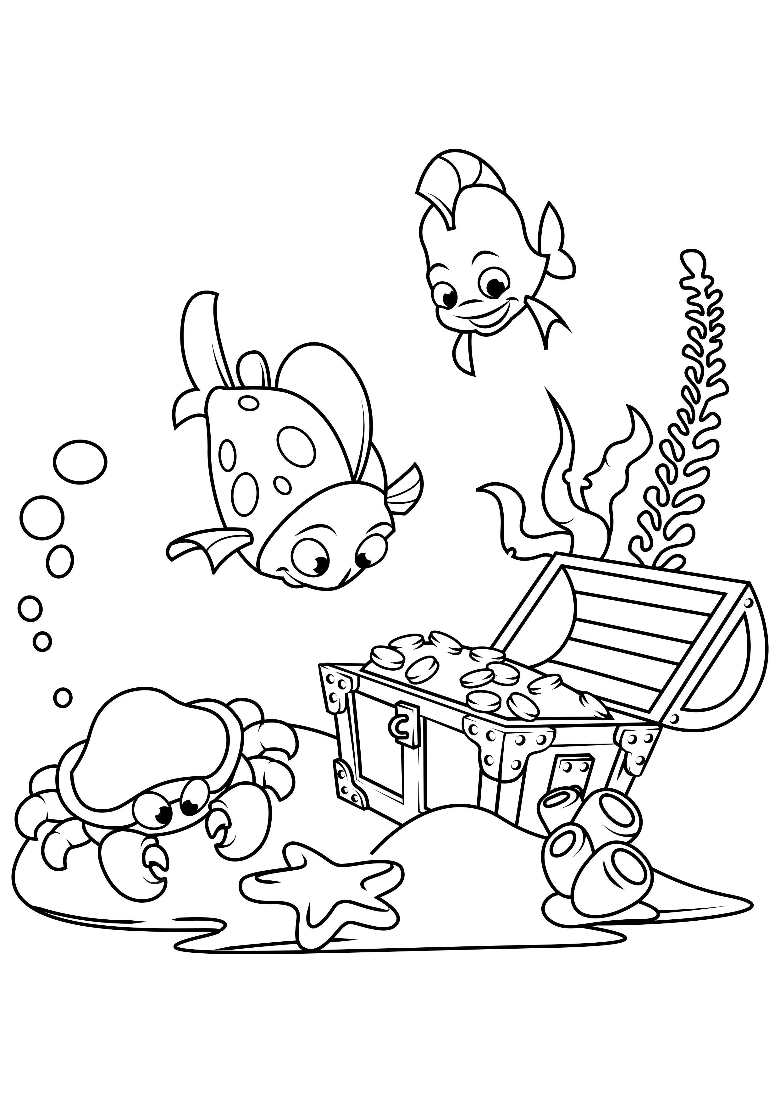 Coloring page fish and crab find treasure