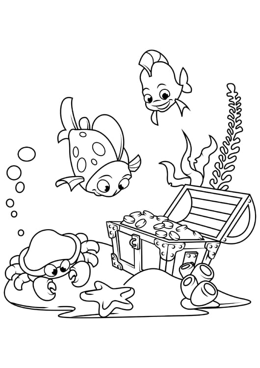 Coloring page fish and crab find treasure