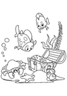 Coloring page fish and crab find treasure