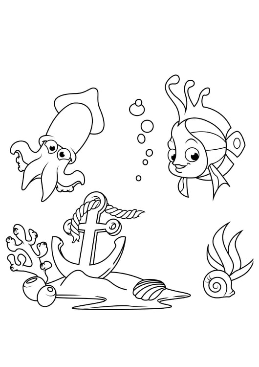 Coloring page fish and squid