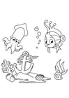 Coloring page fish and squid