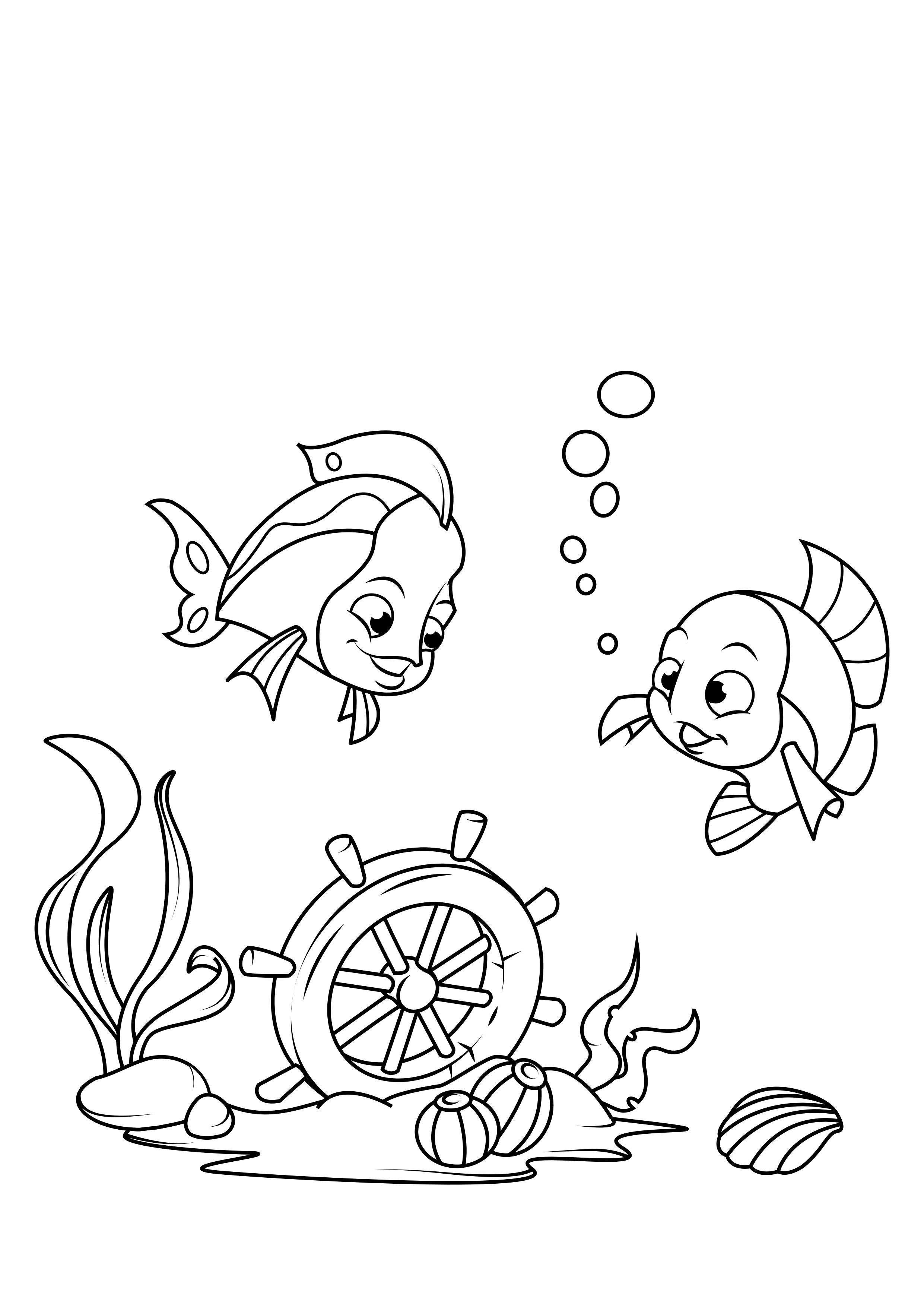 Coloring page fish and steering wheel