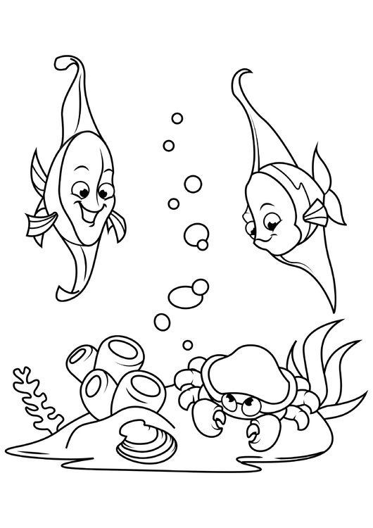 Coloring page fish in the sea with crab