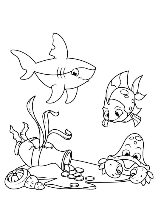 Coloring page fish with shark and crab