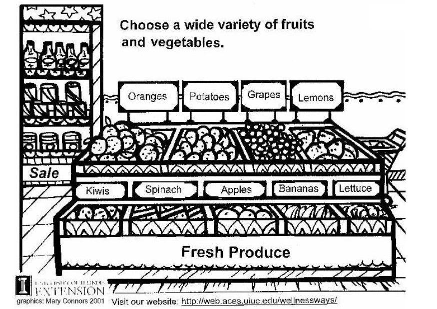 Coloring page fresh vegetables and fruit