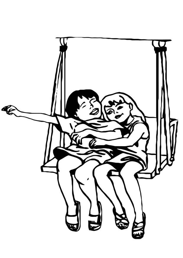 Coloring page friends on the swing