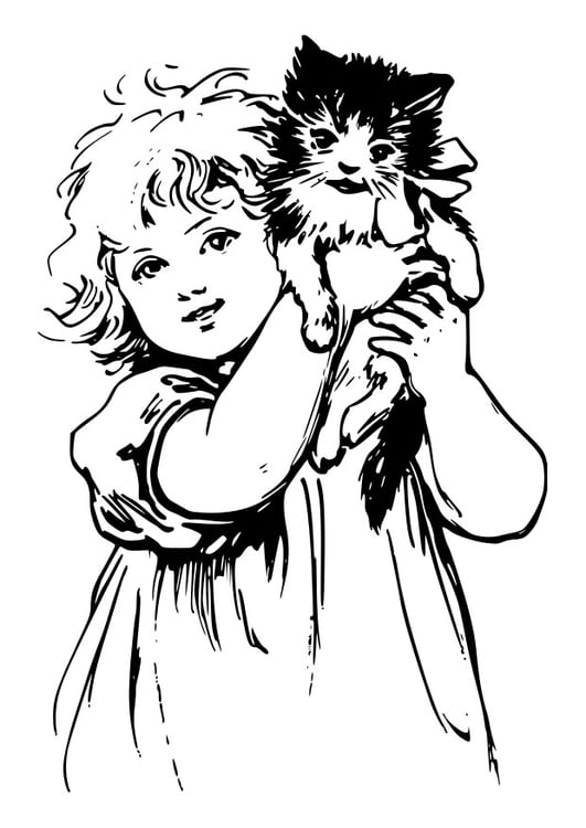 Coloring page girl with cat