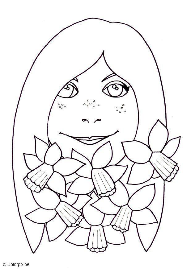 Coloring page girl with daffodils