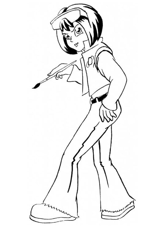 Coloring Page Outline of Cartoon Girl with Brush and Paints