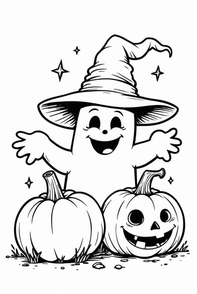 Coloring Page Halloween ghost with pumpkins - Free printables - Img 32292