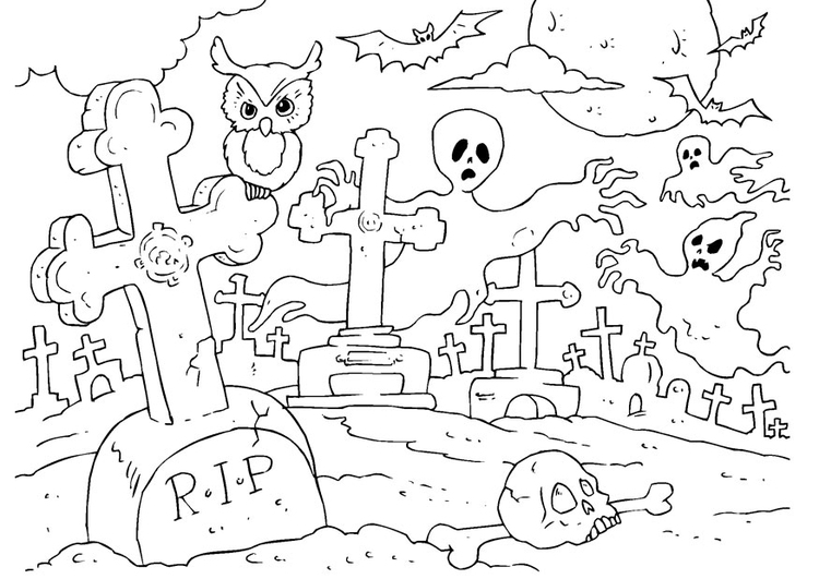 Coloring page Halloween graveyard