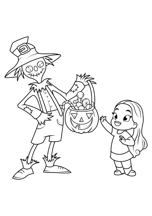 Coloring page halloween trick or treat girl candy scarecrow