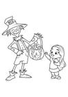 Coloring page halloween trick or treat girl candy scarecrow