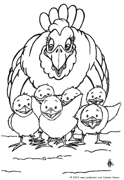 Coloring page hen with chickens
