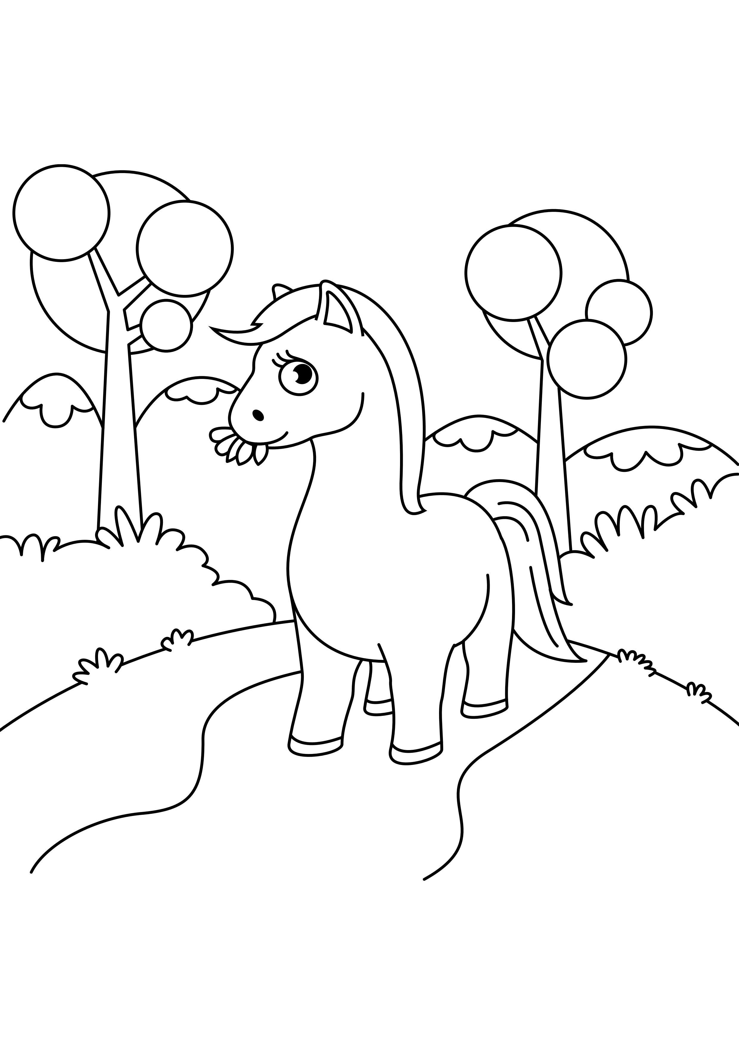 Coloring page horse in the forest