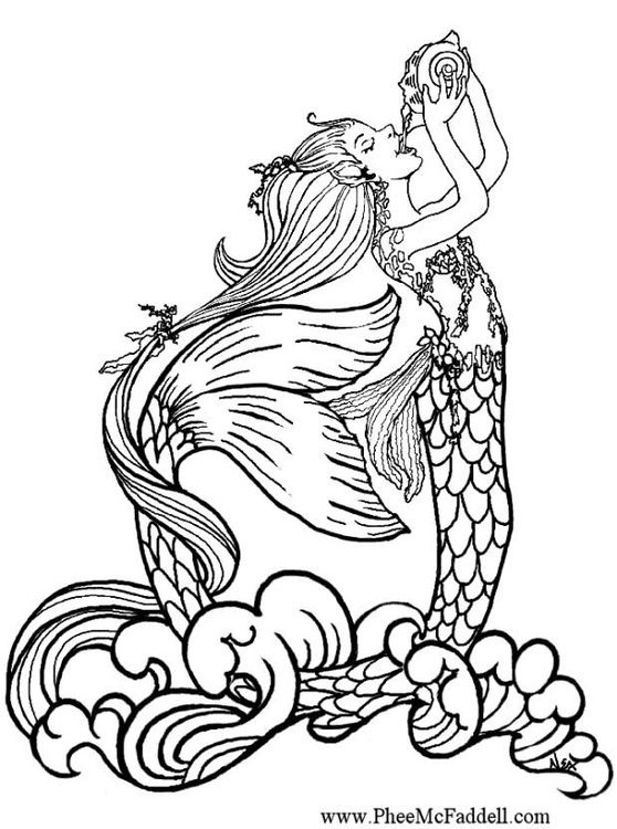 Coloring page mermaid drinking rain water