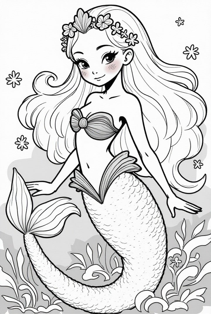 Coloring page mermaid in the sea