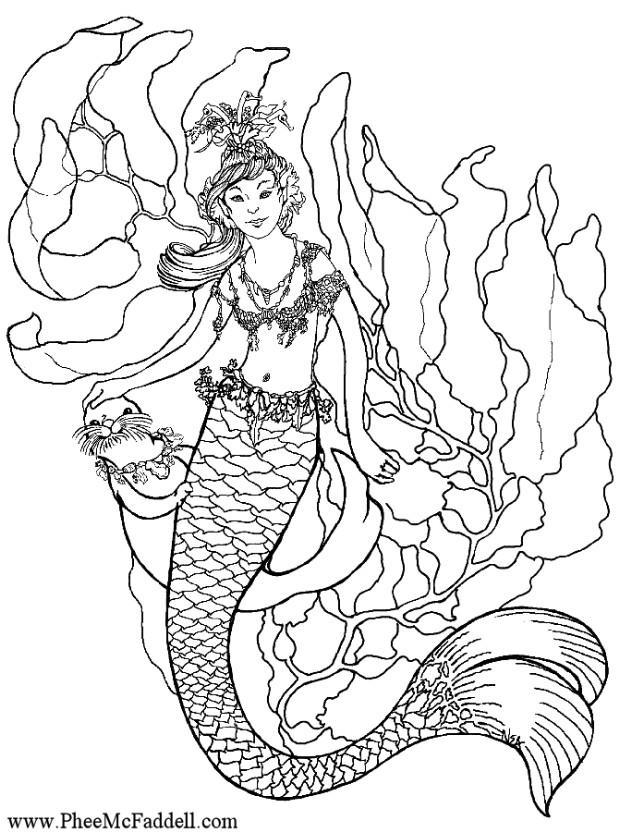 Coloring page mermaid under water