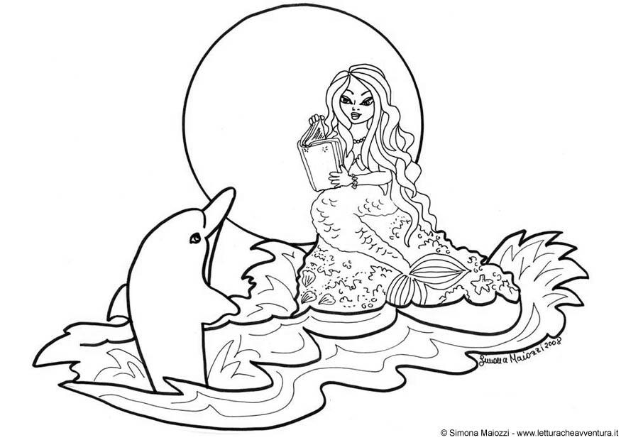 Coloring page mermaid with dolphin