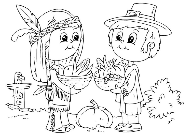 Coloring page native American and pilgrim