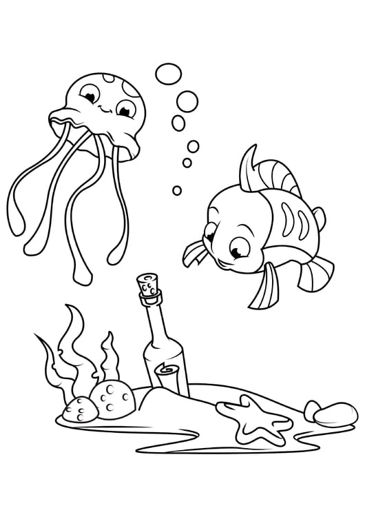 Coloring page octopus and fish with bottle