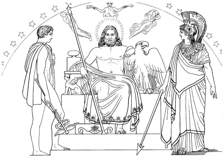 Coloring page Oddyseus - Hermes, Zeus and Athena