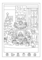 Coloring page opening presents at home for christmas