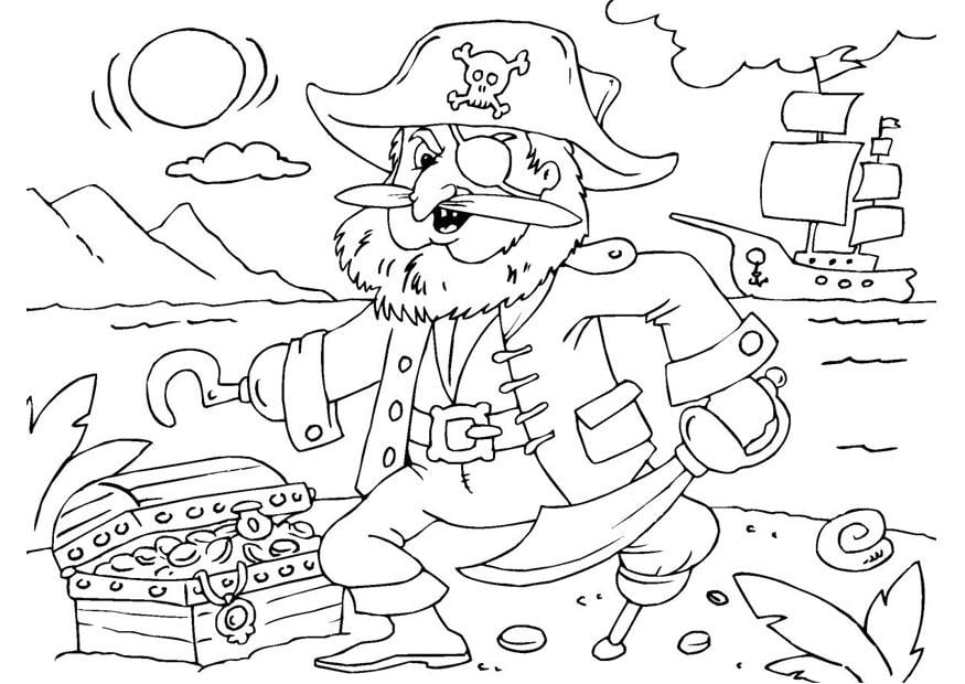 Coloring page pirate with treasure chest