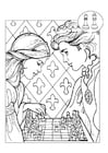 Coloring page prince and princess playing chess
