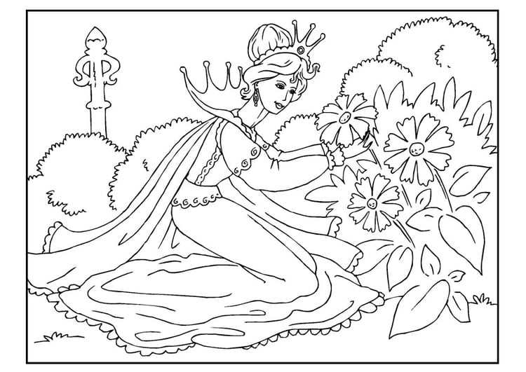 Coloring page princess picks flowers