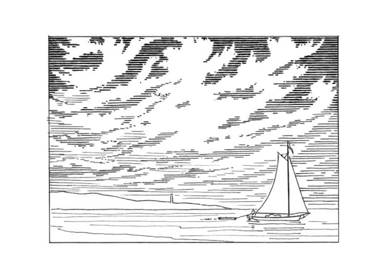 Coloring page sailing boat at the shore