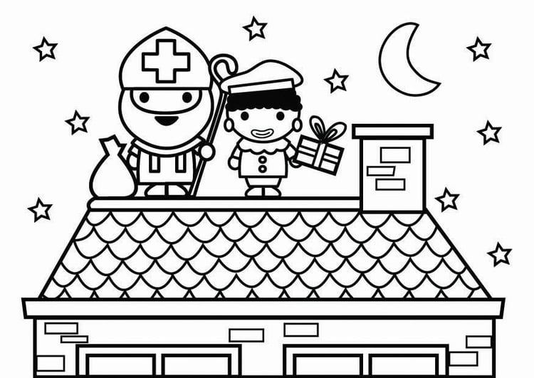 Coloring page Saint Nicholas and Black Pete on the roof