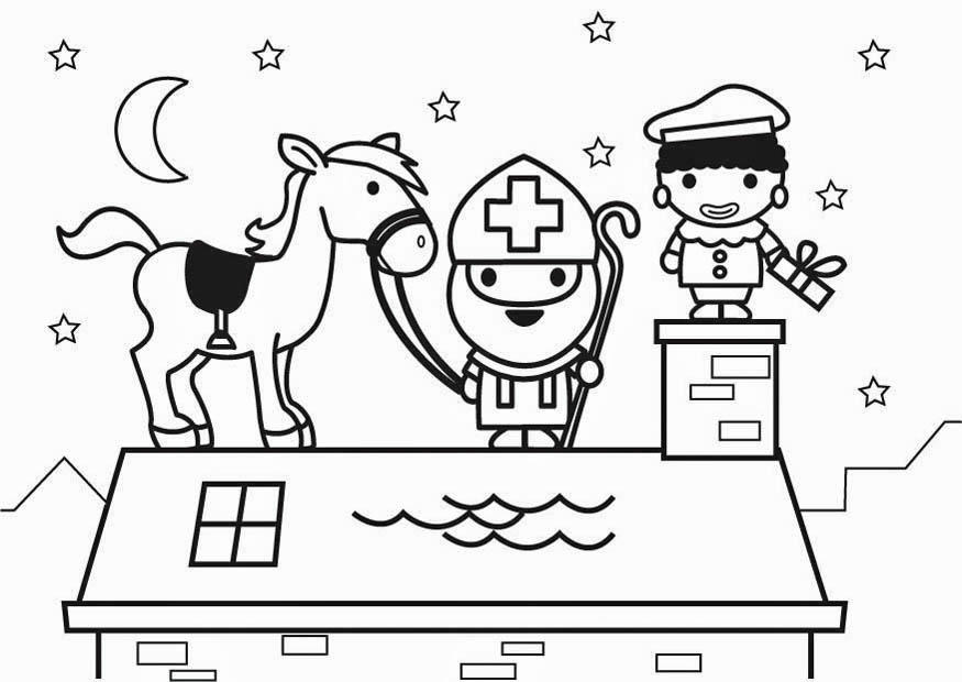 Coloring page Saint Nicholas and horse on roof