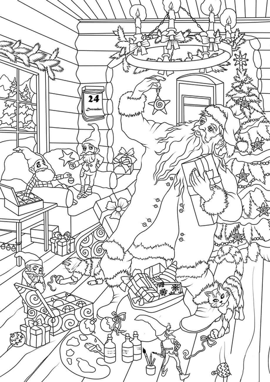 Coloring page Santa and elves choose packages