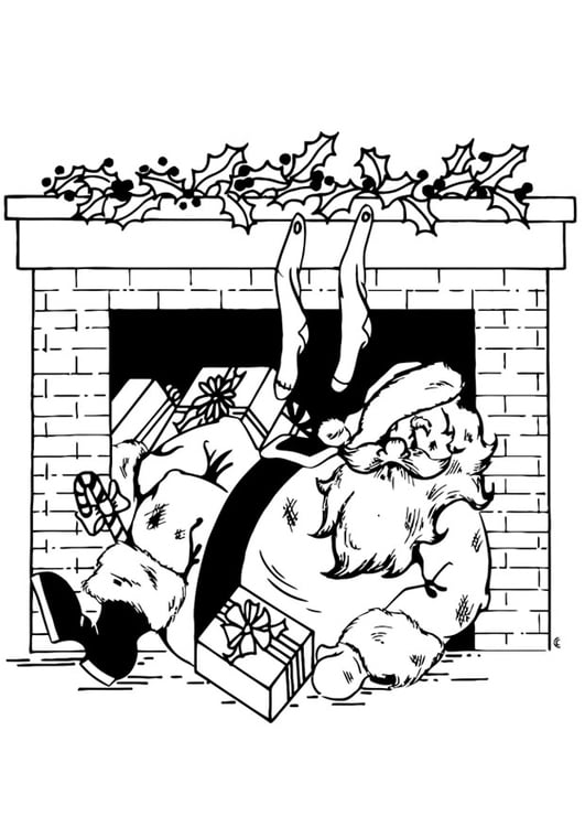 Coloring Page Santa Claus in fireplace - free printable coloring pages